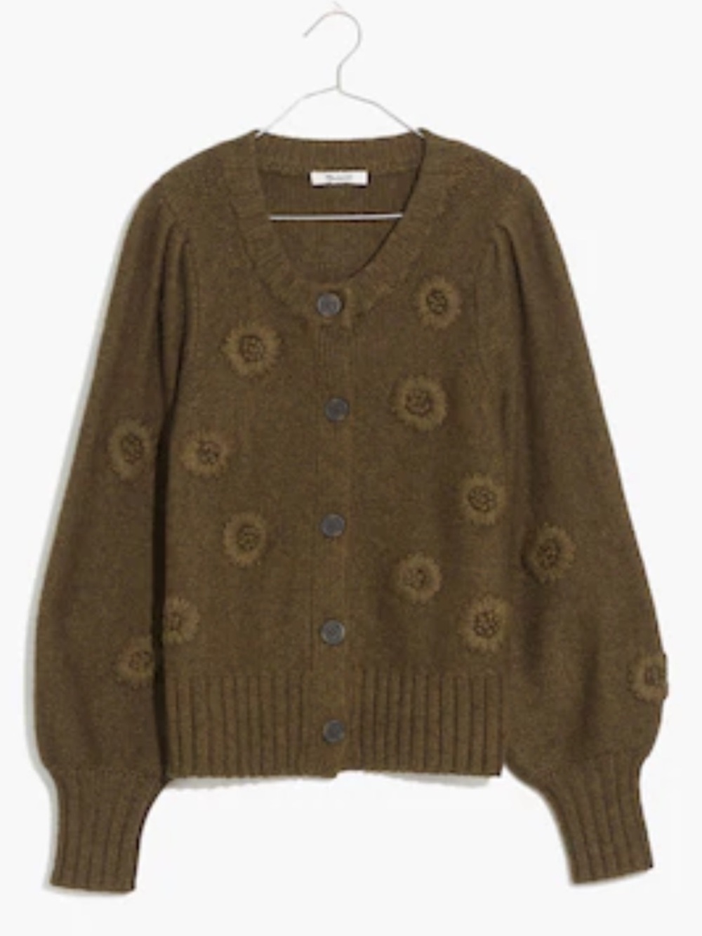Madewell Embroidered Edencroft Pleat-Sleeve Cardigan Sweater heathered green SM - Picture 1 of 8